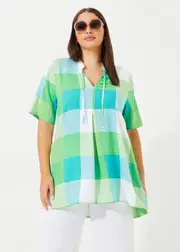 [TS] Taking Shape Tie Neck Check Natural Tunic Size 16 in Green Check, Viscose - Plus Size Women's Clothing Green Check