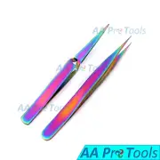 2 Pcs Multi Rainbow Titanium Color Eyelash Extension Tweezers X Type + Straight