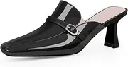 [Odetina] Women's Square Closed Toe Kitten Heel Mules Buckle Comfortable Slip On Patent Leather Dress Shoes
