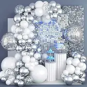 Disco Ball Balloons Arch Kit, White and Silver Balloons Different Sizes Garland with Large Metallic Silver Mirror Balls Balloons, Silver Confetti Balloons for Disco Party Decorations Decor Ornament