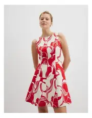 [Country Road] Organically Grown Linen Print Flared Mini Dress in Fiesta Swirl Geo