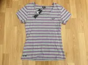 LADIES VOI STRIPE SLIM FIT T-SHIRT TOP GREY & VIOLET BLUE SIZE 14 = TRUE 12