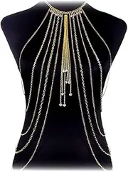 [Yomiie] Body Chain Layered Sexy Gold Tassels Necklace Fashion Jewelry Belly Waist Bra Hot Bikini Beach Harness Birthday Anniversary Festival Women Lady Girls