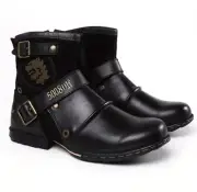 Men's Metal Buckle Round Toe Work Boots Full Grain Leather Boots Size 8