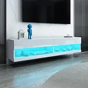 Wall Mounted TV Cabinet Stand Floating Shelft Wood TV Unit LED Light 2 Doors Storage Shelf High Gloss Front White 200cm Living Room Furniture