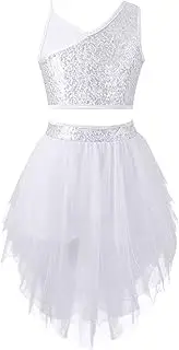 [Aislor] Little Girls Lyrical Ballet Latin Tutu Dress Modern Dance Camisole Leotard Sequins Crop Top with Mesh Irregular Skirt
