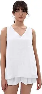 [Amazhiyu] Linen Womens Tops, Summer 100% Linen Tank Tops Casual V Neck Sleeveless Blouses Loose Fit for UK, White, L