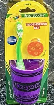 Brush Buddies Purple Crayola Toothbrush Set, Soft for Kids, Rinsing Cup, Cap