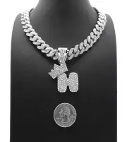 Silver PT Bubble Alphabet H Pendant 16" ~ 24" Iced Cuban Box Lock Chain Necklace