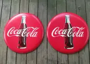 Coca-Cola Set of 2 Distressed 24 Inch Red Disc Button Signs Contour Bottle