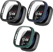 Screen Protector Cases Intended for Fitbit Versa 4/Sense 2 Smartwatch, Replacement Shockproof Cover Slim Guard Thin Bumper Shell Protector Built-in Tempered Film Design (Black, Green, Blue)