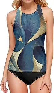 [AIXIWAWA] Retro Art Blue Leaf Women's Tankini Tops, Swimsuit Top for Beach Pool Vacation S