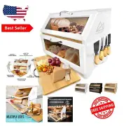 Large Two-Tier Bamboo Bread Box with Easy Assembly & Versatile Serving Features
