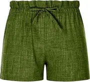 [Generic] Women's Drawstring Linen Shorts Summer Casual Elastic Waist Cotton Short Pant High Waisted Leisure Shorts with Pocket