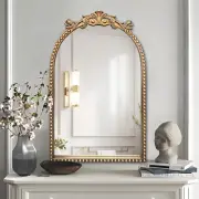 Baroque Arched Vanity Mirror for Narrow Bathroom, 20" X 30" Antique Gold Ornate