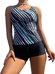[Floerns] Women's 2 Piece Striped Criss Cross Surfing Tank Top and Shorts Bikini Set