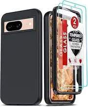 [LeYi] for Pixel 8 Case: Google Pixel 8 Case with [2 x Tempered Glass Screen Protector], Full-Body Shockproof Soft Liquid Silicone Protective Phone Cover Case for Google Pixel 8, Black