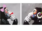 2x A3 CANVAS lady girl Art Print DJ MONKEY gorilla ape chimp PAINTING DIPTYCH