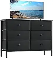 LYNCOHOME Black Dresser for Bedroom, 6 Drawer Wooden Dresse, Small Dresser for Bedroom and 50" Tv, Entertainment Center with Metal Frame, Wooden Top,Dressers for Kids, Fabric Dressers for Nursery