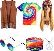 6 Pcs Hippie Costume Tie-dye T-shirt Fringed Vest Peace Necklace Wig Headband Sunglass for Women Men 60s 70s Halloween Party
