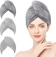 Microfiber Hair Towel Wrap, 3 Pack Fast Drying Hair Wrap with Buttons, Quick Dry Twisty Hair Towels Wrap for Curly Long Thick Hair Anti Frizz (3, Dark Gray、Light Gray、Stripes)