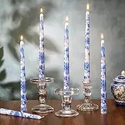 Threlaco 9.8" Blue and White Porcelain Long Taper Candlesticks Christmas Chinoiserie Dripless Candle Decorations Unscented Taper Candles for Party Gift Home Decor