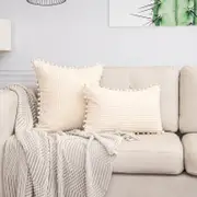 Beige Soft Corduroy Cushion Cover Set 1 Square Plus 1 Rectangular With Pom Pom Trim Decorative Throw Pillow Cases For Sofa Couch Cushion Covers