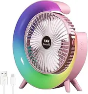 Tinsol Portable Cooling Fan with Color Mood Light 3 Speed Adjustable Low Noise Desk Fan 1800mAh USB Rechargeable Desk Fan for Dormitory, Home Office（Pink）