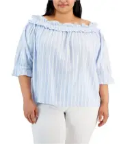 Tommy Hilfiger Womens Ruffle Trim Peasant Blouse, Blue, Plus Size, 3X