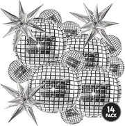 Inflatable Disco Ball Balloons Pack of 14-22” Silver Mylar Foil Disco Party Balloons with Star Balloons, Ribbon & Pipe for New Year's Disco Ball Decorations Party, Bachelorette, Birthday Décor