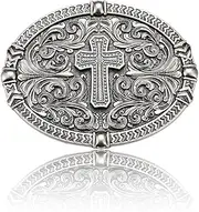 [MUSVIKY] Vintage Religious Cross Faith with Antique Floral Engraved Western Belt Buckle For Men Cowboys Women