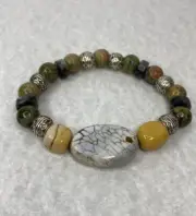Unakite agate labradorite silver beaded bracelet unisex