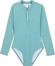 [Gottex] Kids Textured Long Sleeve Zip Front One Piece Chlorine Fade Resistant and Built-in UPF UV 50+ Protection