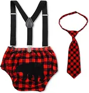 [Gicoherero] Lumberjack Cake Smash Outfit for Baby Boys' Wild One Birthday Party,Diaper Cover Bloomer Tie Suspenders Boys 1st Birthday Photo Prop, Red, 8.86in×5.31in×0.98in