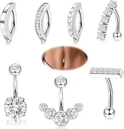 [YBPQABCL] 7 Pcs 14G Belly Button Rings Belly Rings for Women Stainless Steel Belly Button Piercing with Gift Box Reverse Curved Clicker Navel Rings Cubic Zirconia Silver Belly Piercing Jewelry for Women ﻿