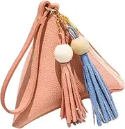 [Generic] Triangle Clutch Purse Wristlet Handbag Wrist Strap Pyramid Pouch Wallet Tassel Charm Handbag for Women Teen PU Leather, Pink