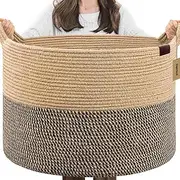 DelSol Extra Large Round Blanket Basket Nursery Woven Wicker Cotton Rope Baskets for Storage Pillows Clothes Toy Organizer Laundry Hamper with Handle 55x35cm (Jute & Black)