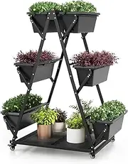 Costway 3-Tier Vertical Raised Garden Bed with 4 Wheels, Elevated Garden Planter with 6 Container Boxes, Drainage System, Storage Shelf, Indoor Outdoor Freestanding Planters for Patio, Balcony, Yard