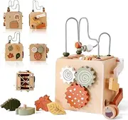 IEATFO 5 in 1 Wooden Activity Cube Play Center Bead Maze Leaves Shape Sorter Learning Montessori Toys for Toddlers 1-3 Early Educational Developmental Learning Toys for Kids