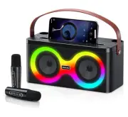 Karaoke Machine, Portable Bluetooth Speaker with 2 Wireless Mics No More Fights