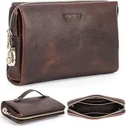 [CataPurus] Top Grain Genuine Leather Clutch Wallet for Man & Woman, Handmade Retro Design, Combination Lock & Retractable Strap & Multi Pockets/Slots, Portable RFID for Cards/Checks/Phone/Banknote, Red Coffee