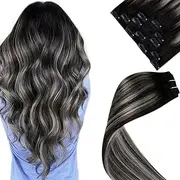 LaaVoo Clip in Hair Extensions Black Ombre Silver Grey Balayage Human Hair Clip in Extensions Black Balayage Clip in Hair Extensions Real Human Hair Black Women Long Straight 20 Inch 80g/5pcs