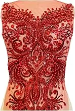 Zbroh Handmade Rhinestones lace Patches Gold/red/deepgreen/RoyalBlue/Purple Beads Stones Applique on mesh Dress Clothes Accessory (Red)