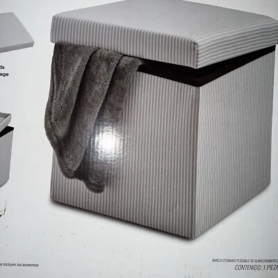 SALT Gray Striped Fabric Upholstered Ottoman Storage Trunk Folding Table New