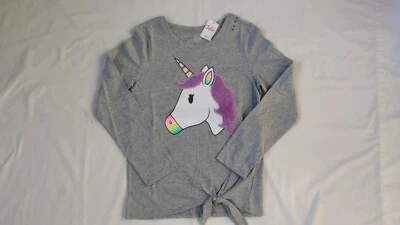 NWT Justice Girl's Fuzzy Unicorn Tie Front Long Sleeve Shirt in Gray Size 14