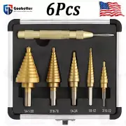 HSS Titanium Step Drill Bit Set 6PCS W Automatic Center Punch High Speed Steel