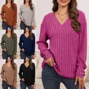 Women Long Sleeve T Shirt V Neck Tee Ladies Casual Baggy T-shirt Plain Pullover