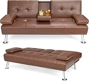 [Giantex] Modern Convertible Futon Sofa Bed, Faux Leather Upholstered Futon Sofa Sleeper w/Metal Leg, Removable Armrests, 2 Cup Holders, Backrest Adjustable, Folding Futon Sofa Bed for Apartment (Brown)