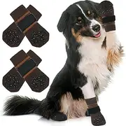 DENTRUN 2 Pairs Dog Traction Socks Warm Dog Socks Paws Stop Licking dog paw protectors with Dog Adjustable Strap Hardwood Floors Labrador (Brown, XL)
