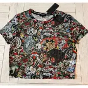 Ed Hardy NWT sheer tattoo crop black & red short sleeve poly, rayon top. Sz L.